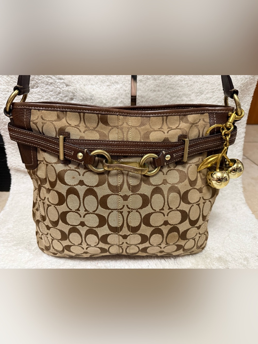 Coach Hamptons Brown Signature Jacquard Canvas Shoulder Bag with Gold Hardware